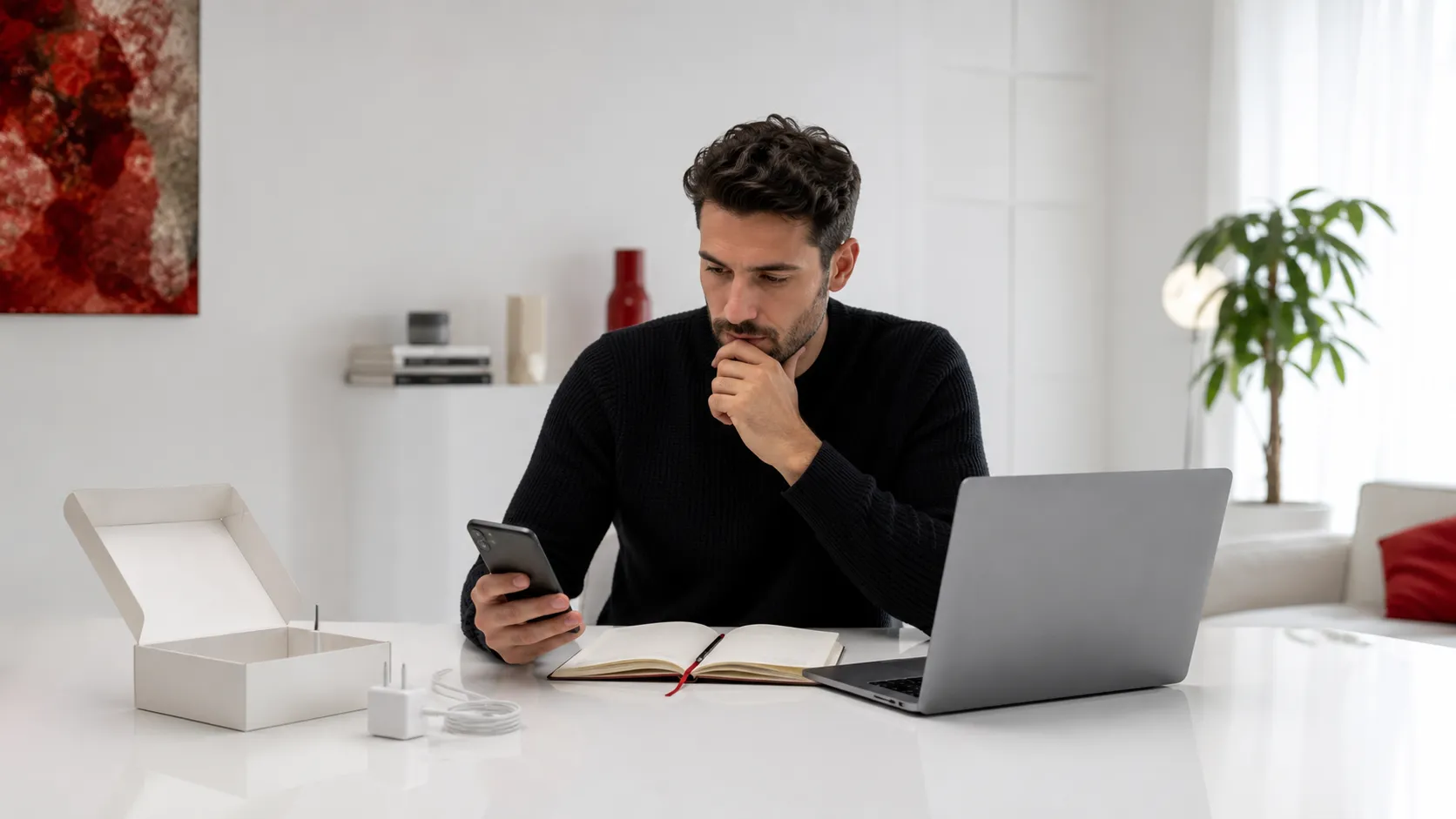 persona che confronta offerte su smartphone e laptop prima dell’acquisto