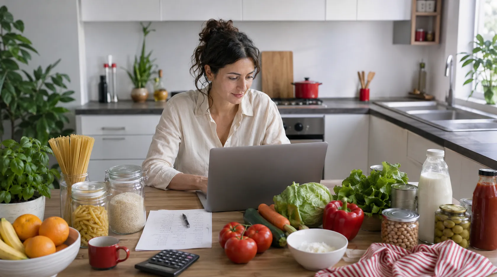 persona che pianifica una spesa online conveniente con alimenti e lista settimanale