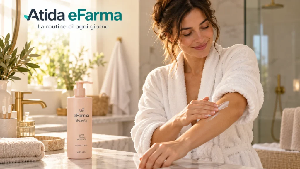 Donna che applica una crema corpo eFarma Beauty durante la routine quotidiana