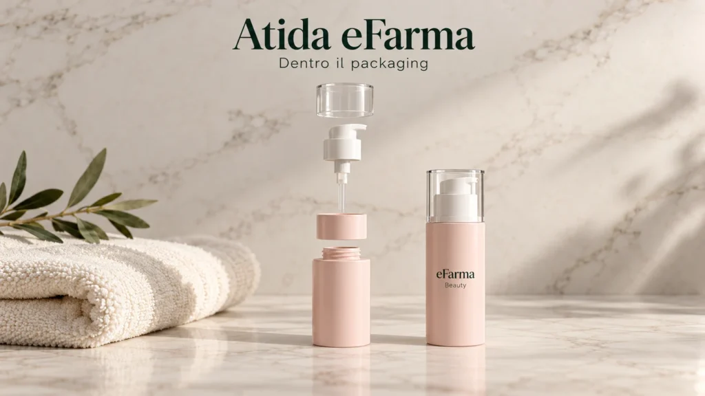 Flacone eFarma Beauty con componenti del dispenser in vista esplosa