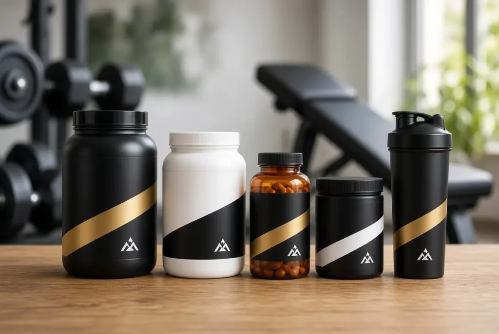 Tubo proteine GymBeam aperto con scoop e barattolo creatina – dettaglio prodotto nutrizione sportiva